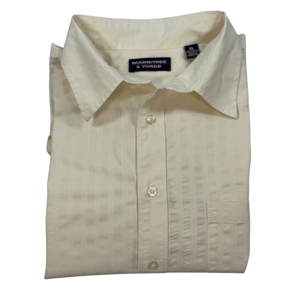 Roundtree & Yorke Mens XL Cream Button Down Shirt Striped Cotton Long Sleeve